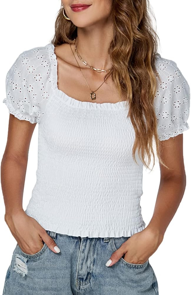 LYANER Women's Square Neck Shirred Eyelet Embroidered Puff Short Sleeve Ruffle Trim Blouse Crop T... | Amazon (US)