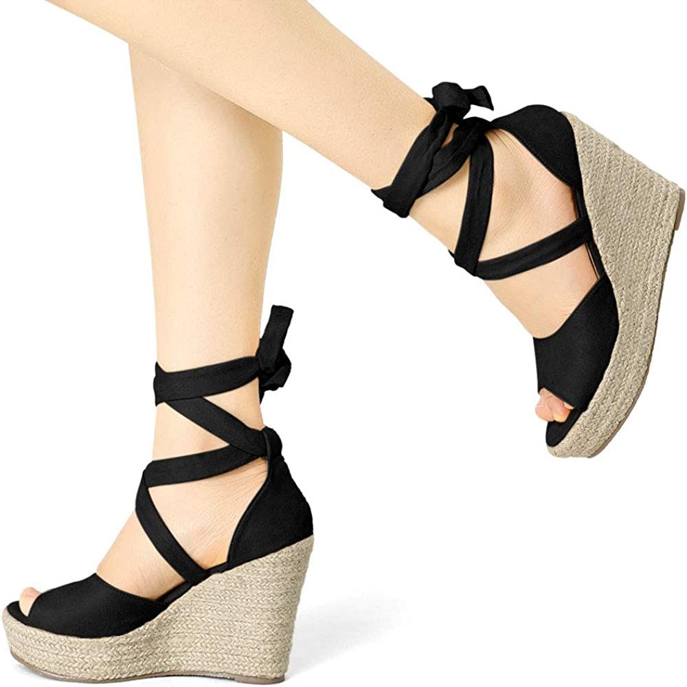 Allegra K Women's Lace Up Espadrilles Wedges Sandals | Amazon (US)