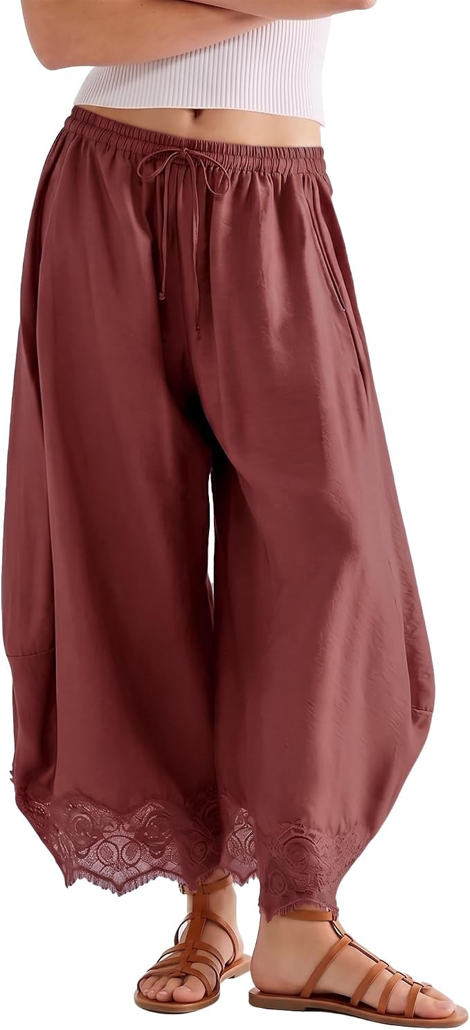 SeeLuNa Comfy Women's Pants Cropped Lace Hem Pants Summer Boho Drawstring High Rise Wide Leg Loun... | Amazon (US)