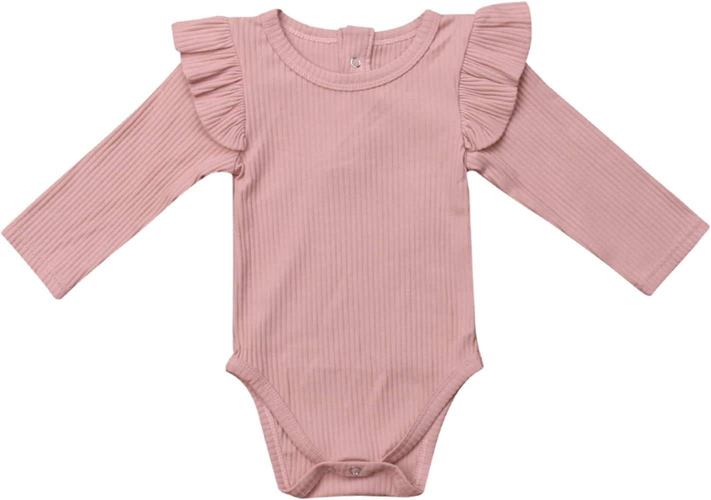 Infant Baby Girl Basic Plain Rib Knit Ruffle Long Sleeve Romper Bodysuit Tops | Amazon (US)