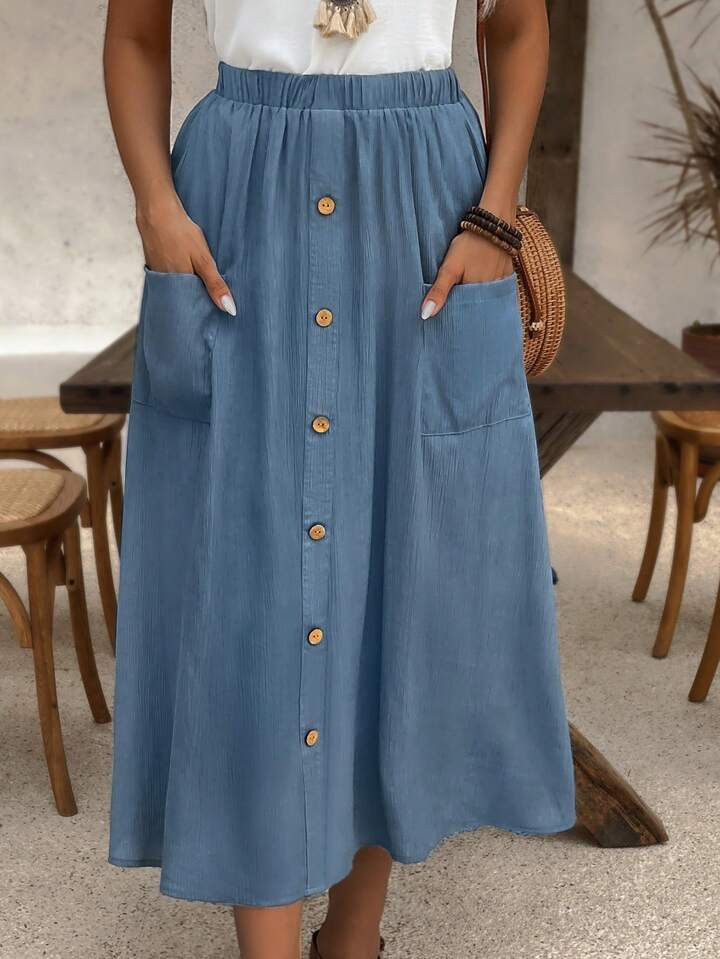 EMERY ROSE Summer Pocket Button Design Casual Spring And Summer Skirt | SHEIN