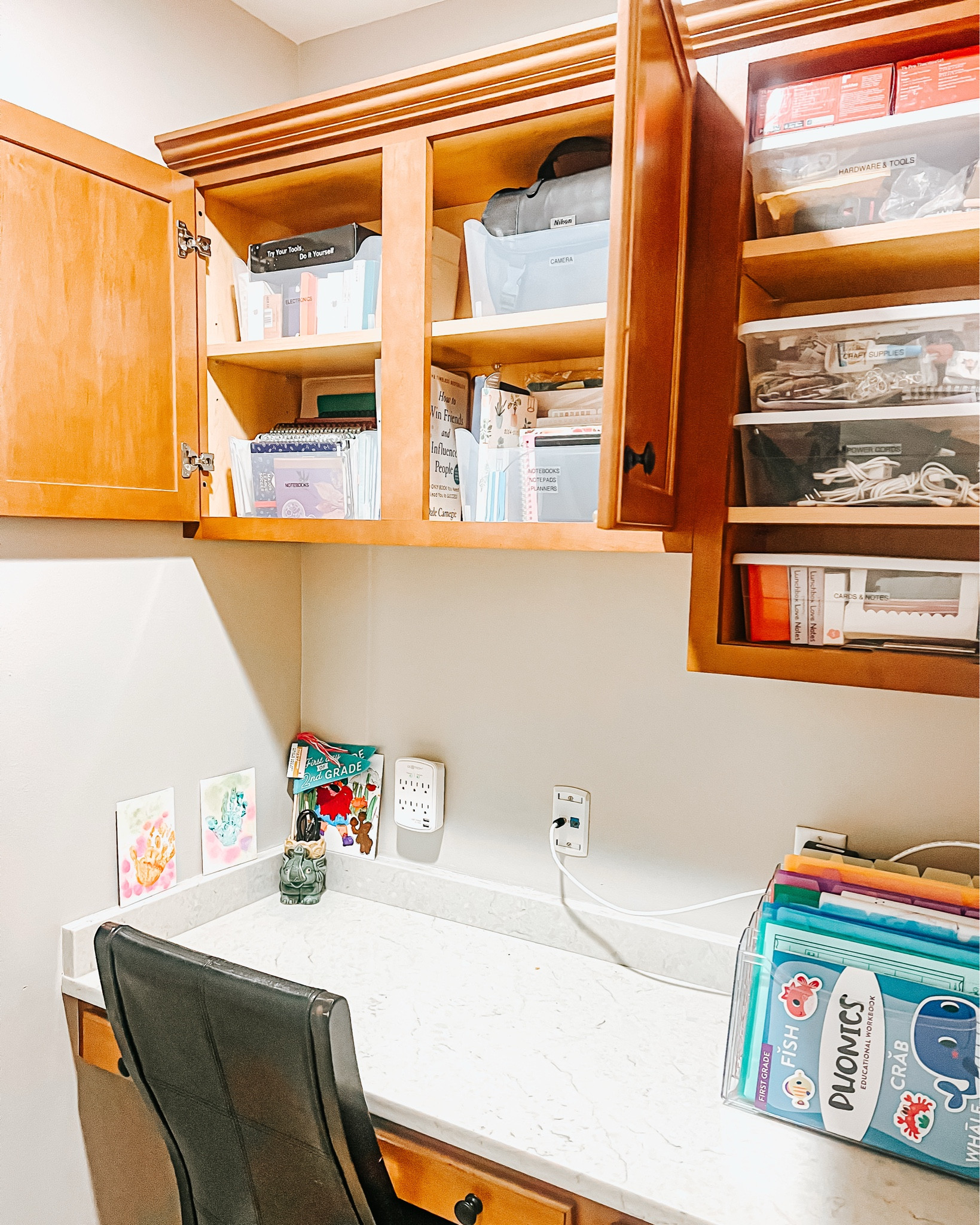 It happens so easily - small spaces like this office nook become the drop zone for everything. Counters full, cabinets not being utilized properly. A little organizing goes a LONG way! Now this space is clear, contained and easy to use again 🫶🏼

#LTKHome