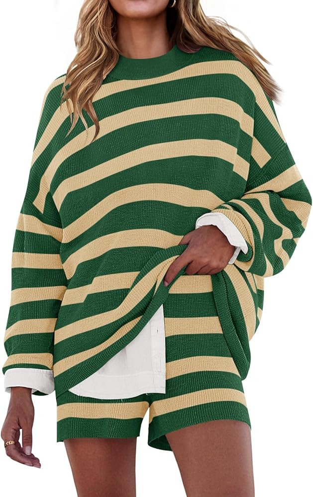 ZESICA Striped Lounge Sets for Women 2 Piece Oversized Outfits Long Sleeve Tops and Shorts Sweate... | Amazon (US)
