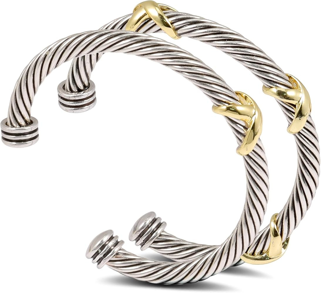 2 Pcs Cuff Bracelet for Women Cable Wire Bracelet - Two Tone Twisted Bangle Bracelet - Silver Cuf... | Amazon (US)