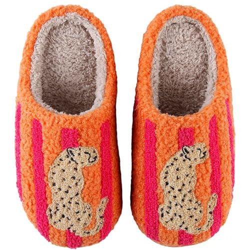 Leopard Slippers Cheetah Slippers For Women Men Animal Leopard Cheetah Print House Shoes Fuzzy Funny Womens Leopard Slipper With Striped Orange and Pink Plush Memory Foam Indoor Shoes,Jaguar 41-42 | Amazon (US)