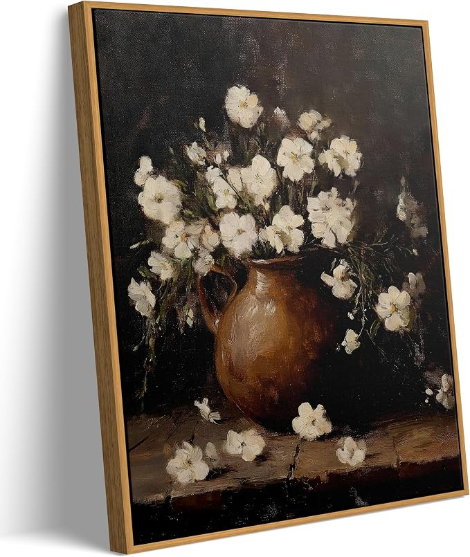 Framed Vintage Floral Wall Art Rustic White Flowers Painting Classical Dark Floral Still Life Pri... | Amazon (US)