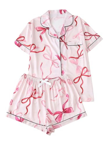 SHENHE Women's Pajama Set Bow Print Short Sleeve Button Down Sleep Shirt Pj Shorts Loungewear Pink X-Large | Amazon (US)