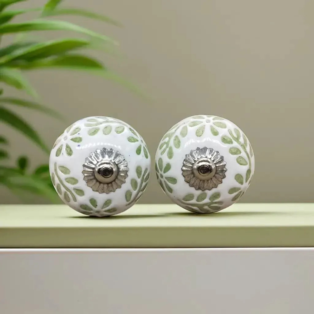 Hand-Painted Floral Ceramic Knobs: Green & White Boho Drawer Pulls | Etsy (Global)