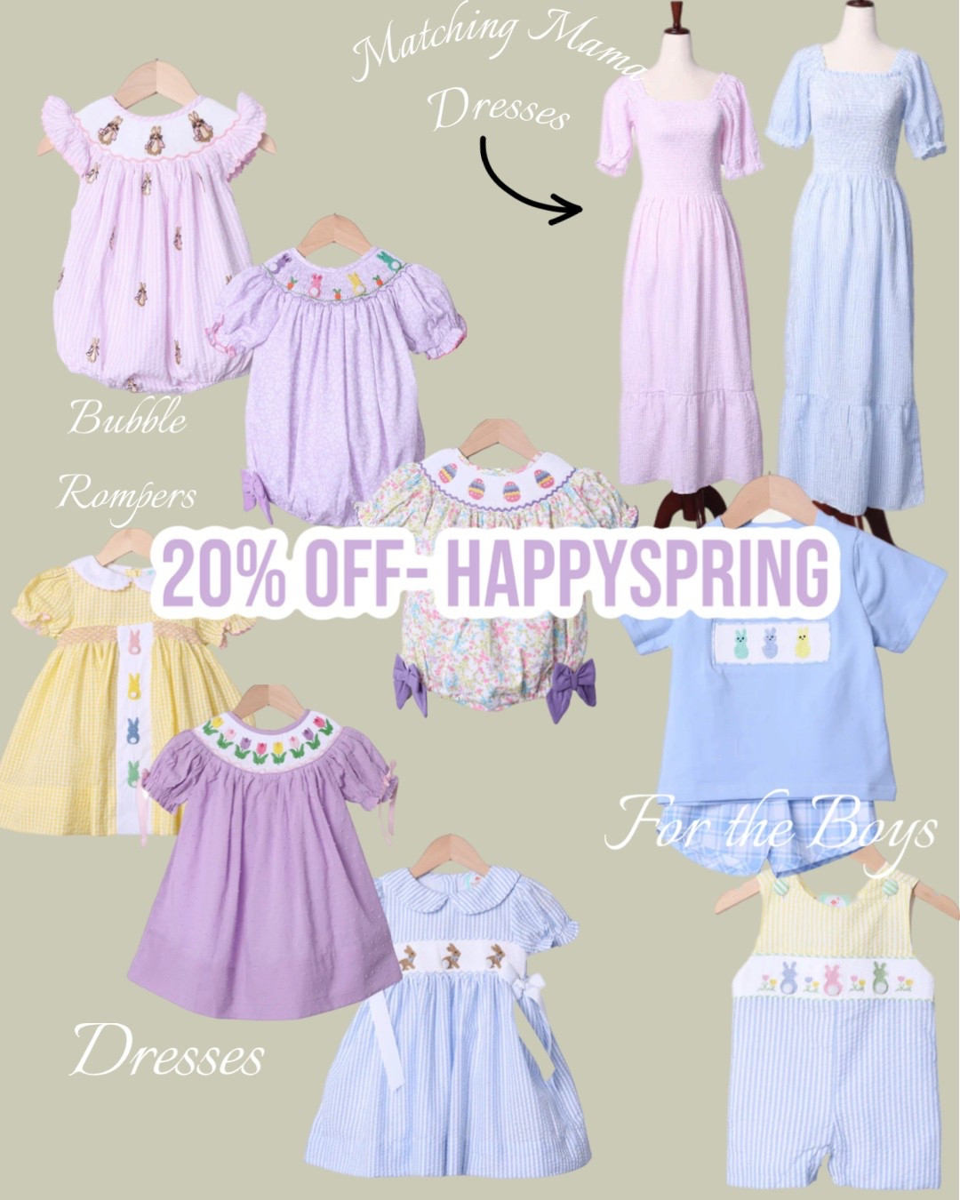 Spring/Easter smocked collection on sale!  
20% off happening right now for this section with code: HAPPYSPRING 
💐🐰🐣
#springclothing #easter #smockedclothing 

#LTKSeasonal #LTKSaleAlert #LTKFamily
