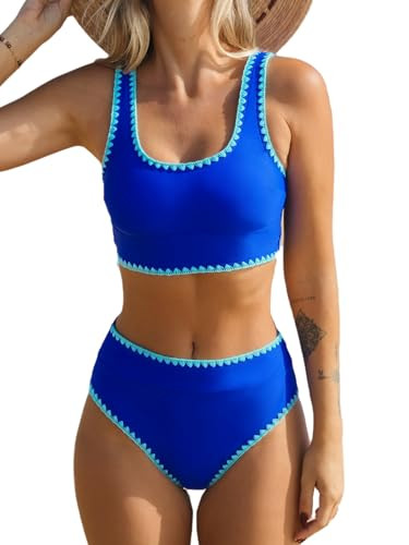CUPSHE Women's Bikini Sets Two Piece Swimsuit Scoop Neck Tank Wide Straps Midkini Stitching | Amazon (US)