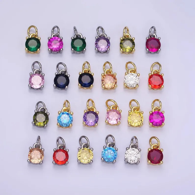 14k gold filled round birthstone cz solitaire charm in gold & silver | w509 - w520 | Etsy (US)