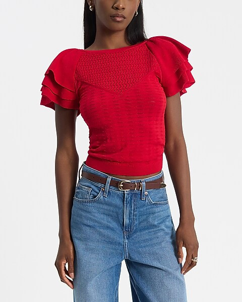 Crew Neck Short Flutter Sleeve Sweater | Express