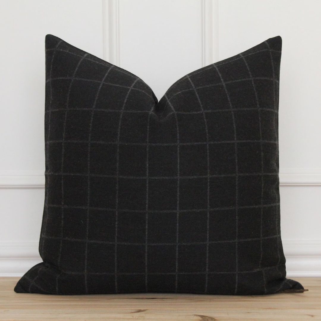 Black Geometric Outdoor Pillow Cover • Black Plaid Outdoor Cushion Cover • Black Patio Pillow... | Etsy (US)