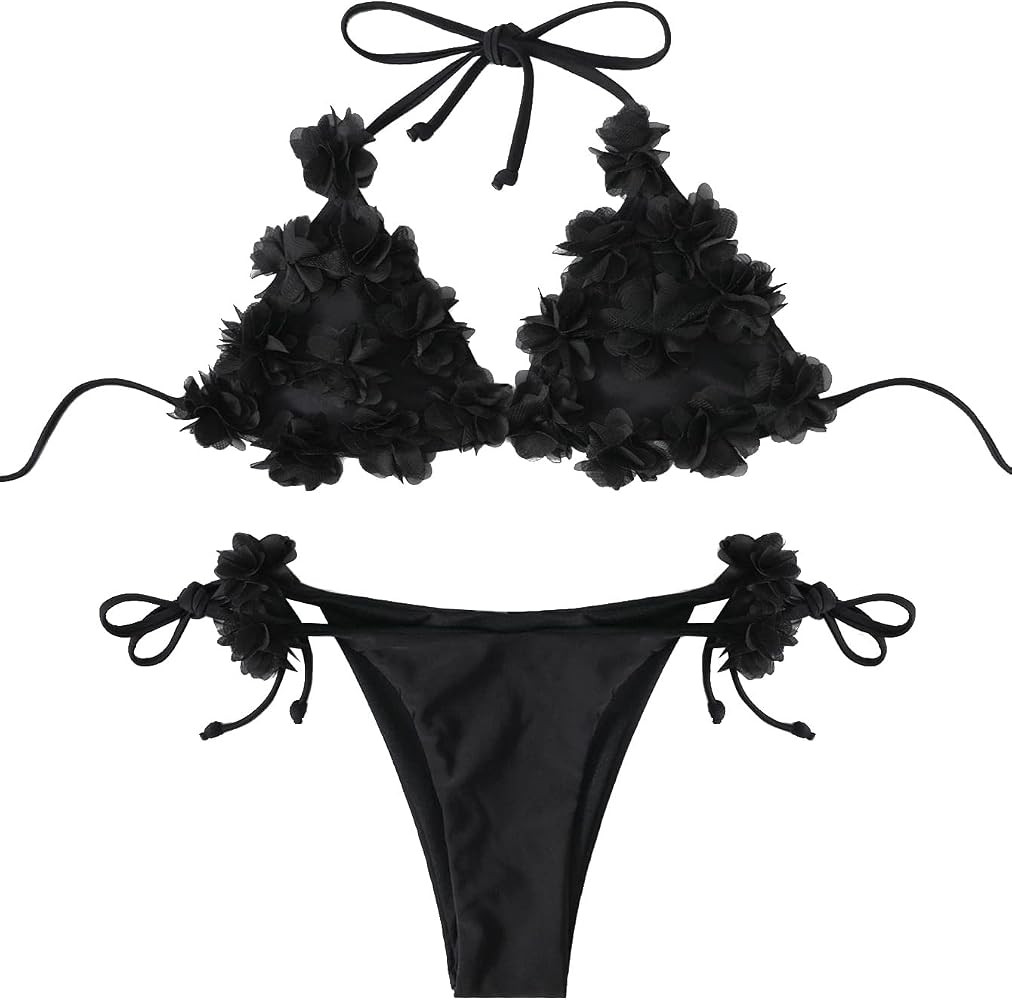 GORGLITTER Women's Appliques Triangle Bikini Set Halter Wireless Bra and Tie Side Thong Swimsuit ... | Amazon (US)