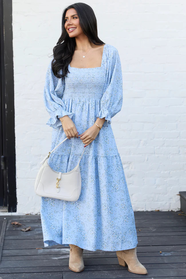Thalia Blue Floral Smocked Top Maxi Dress SALE | Pink Lily
