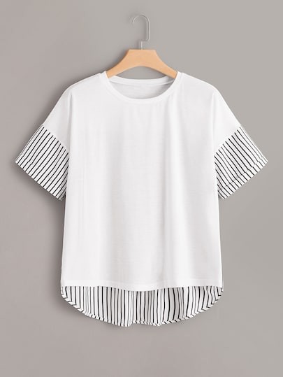 Plus Contrast Striped Dip Hem Tee | SHEIN