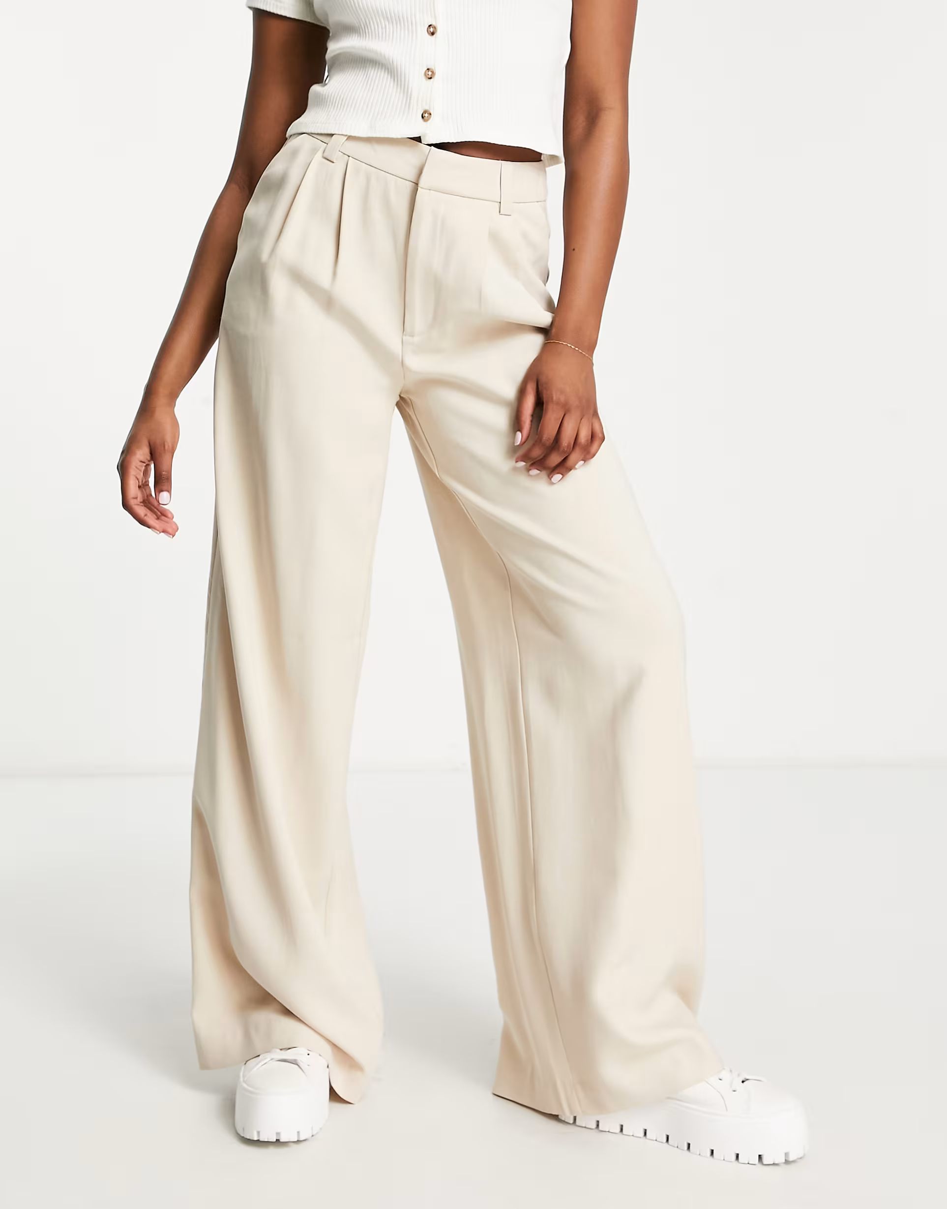 Stradivarius super wide leg tailored pants in stone | ASOS (Global)