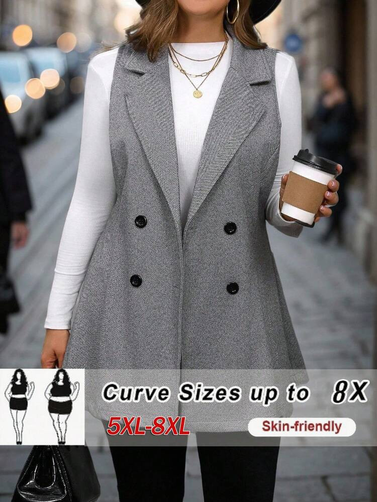 SHEIN CURVE+ Plus Size Women's Elegant Herringbone Thick Woolen Blazer, Notched Collar, Double-Breasted, Contrast Button Design, A-Line Waist, Fashionable, Suitable For Outings, Parties, Dates, Christmas, Sleeveless Woolen Vest | SHEIN