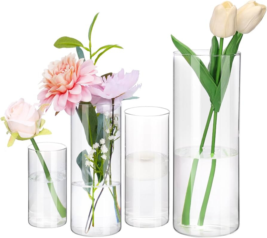 Fixwal 4pcs Clear Glass Cylinder Vases, 4, 6, 8, 10 Inch Tall Cylinder Vases for Centerpieces, Gl... | Amazon (US)