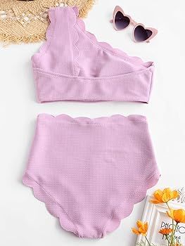 ZAFUL High Waisted Bikini Scalloped Flounced One Shoulder Swimsuit Solid Wavy Edge Swimwear | Amazon (US)