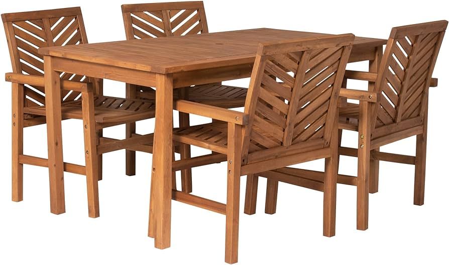 Walker Edison 4 Person Outdoor Wood Chevron Patio Furniture Dining Set Table Chairs All Weather B... | Amazon (US)