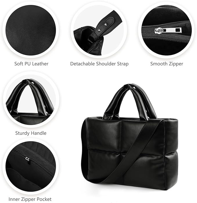 Puffer Tote Bag, Quilted Crossbody Bag with Zip, Top-Handle Shoulder Bags with Removable Strap, P... | Amazon (US)
