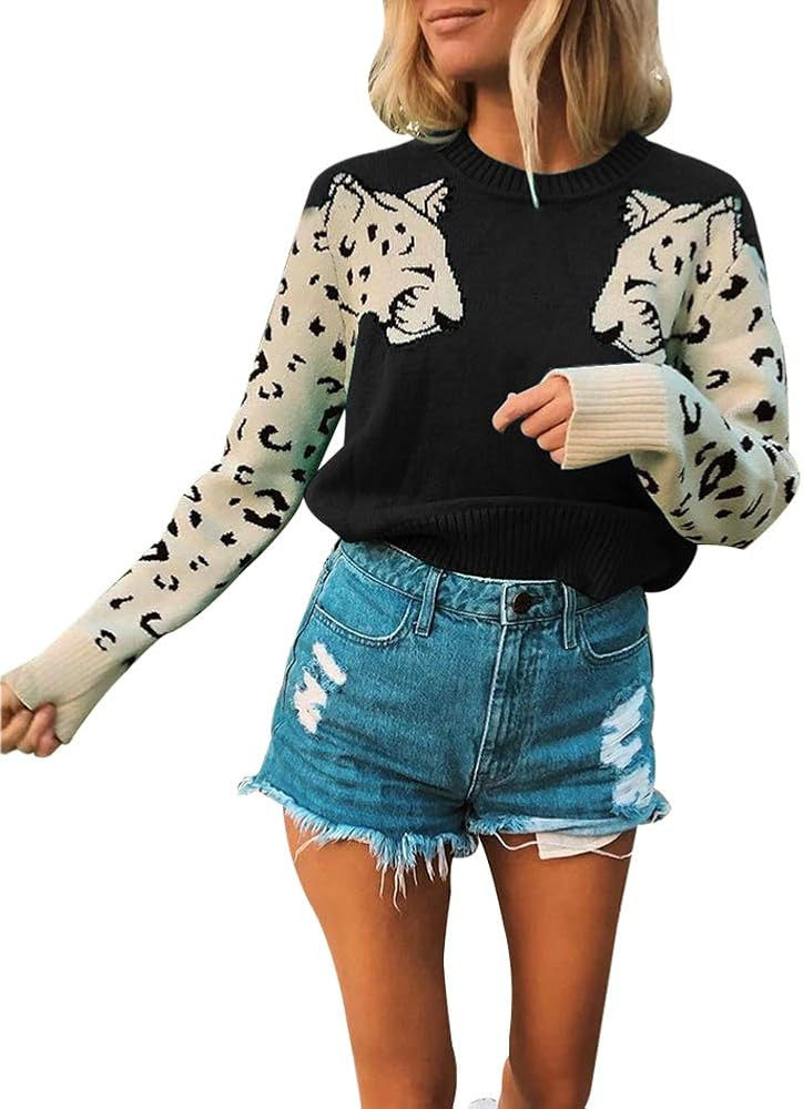 KIRJAUDU Women's Casual Leopard Printed Patchwork Long Sleeves Knitted Pullover Cropped Sweater T... | Amazon (US)