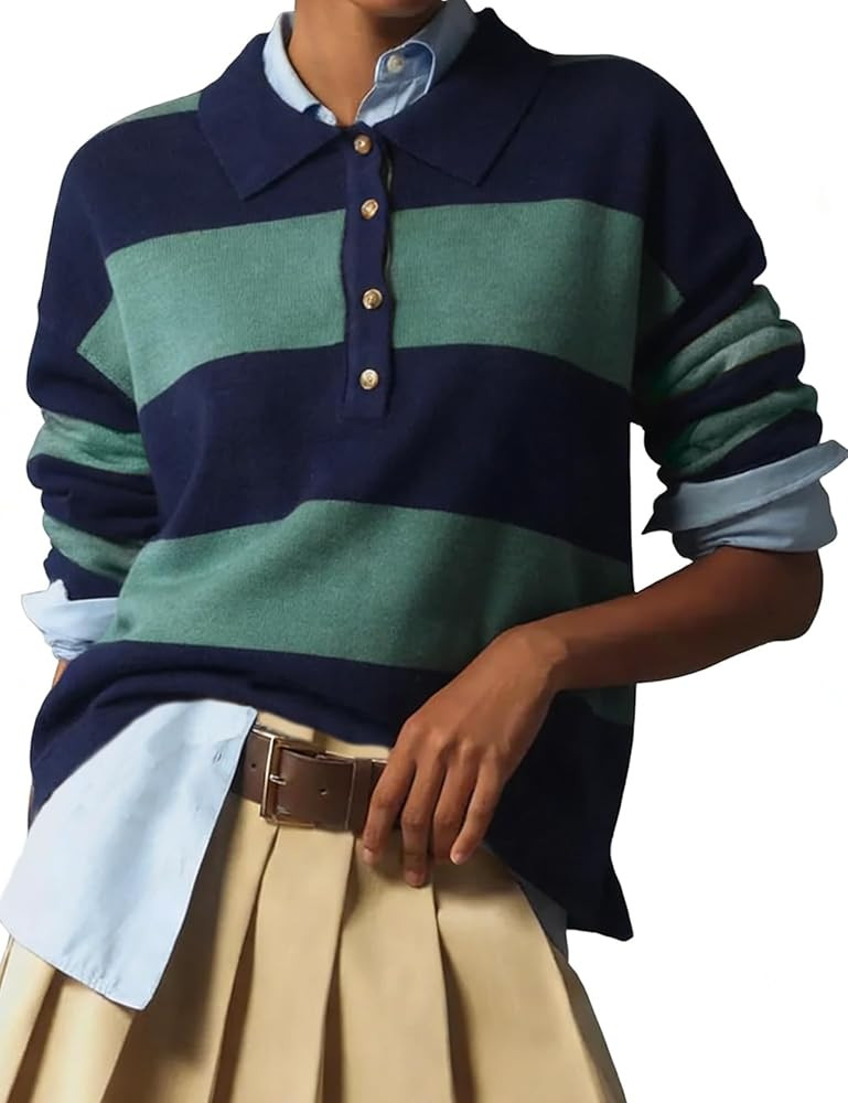 Rugby Polo Sweater for Women Striped Collared Sweaters Shirt Long Sleeve Knit Y2K Casual Pullover... | Amazon (US)