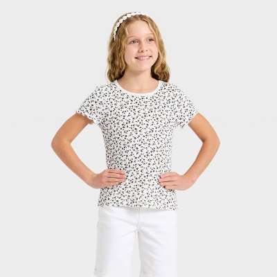 Girls' Short Sleeve Floral Ribbed T-Shirt - Cat & Jack™ Cream S | Target