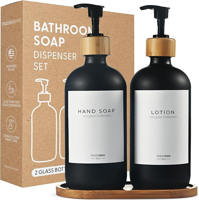 MaisoNovo Bathroom Soap Dispenser Set - Glass Soap Dispenser with Pump - Black Bamboo Black Pump ... | Amazon (US)