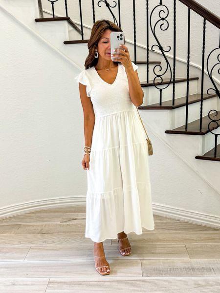 White dress perfect for graduations, wedding showers, vacations, family photos and more. 
Wearing size small, fit tts, lined and not see through. Dress is bump-friendly. Can wear regular bra.
Sandals fit tts.
Bag is linked, along with an alternative.
Graduation dresses, wedding showers, honeymoon outfits, vacation outfits, resort wear, resort style, Amazon find, fashion over 40, affordable fashion. 

#LTKwedding #LTKstyletip #LTKfindsunder50