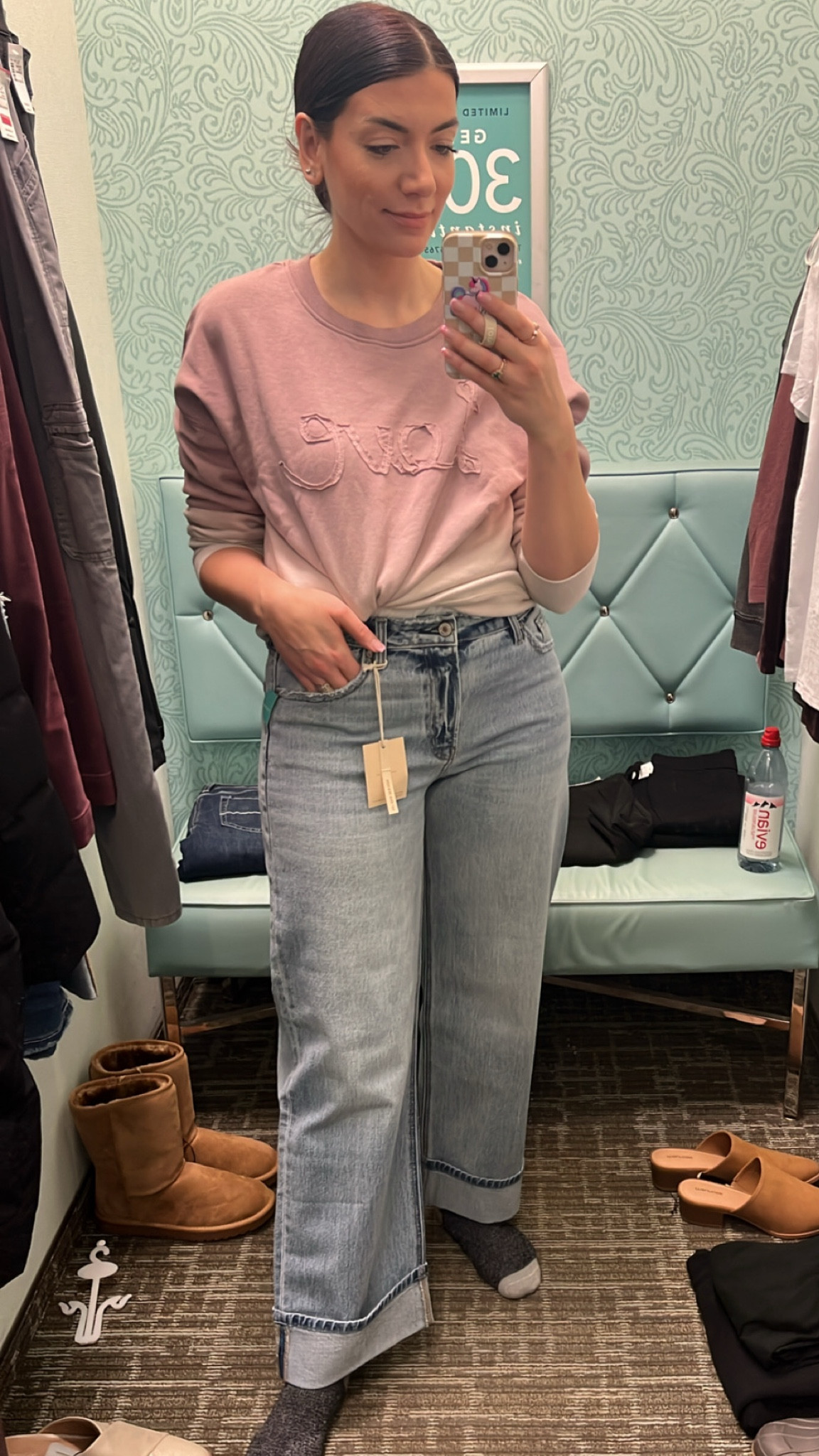 The jeans are EVERYTHING. Wide leg and the big cuff is so trendy right now, and they give so much support in the tummy (3 c-sections here! 🙋🏻‍♀️). This ombré “love” sweater is such a cute one for valentines too! 

#LTKcanada #LTKFashionMonth #LTKsale