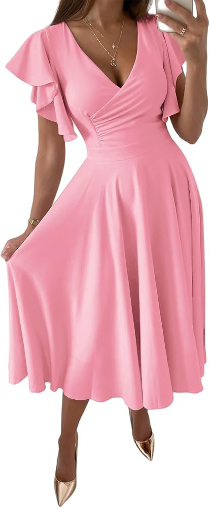 LYANER Women's Warp V Neck Ruffle Short Sleeve A Line Swing Flared Cocktail Party Midi Dress | Amazon (US)