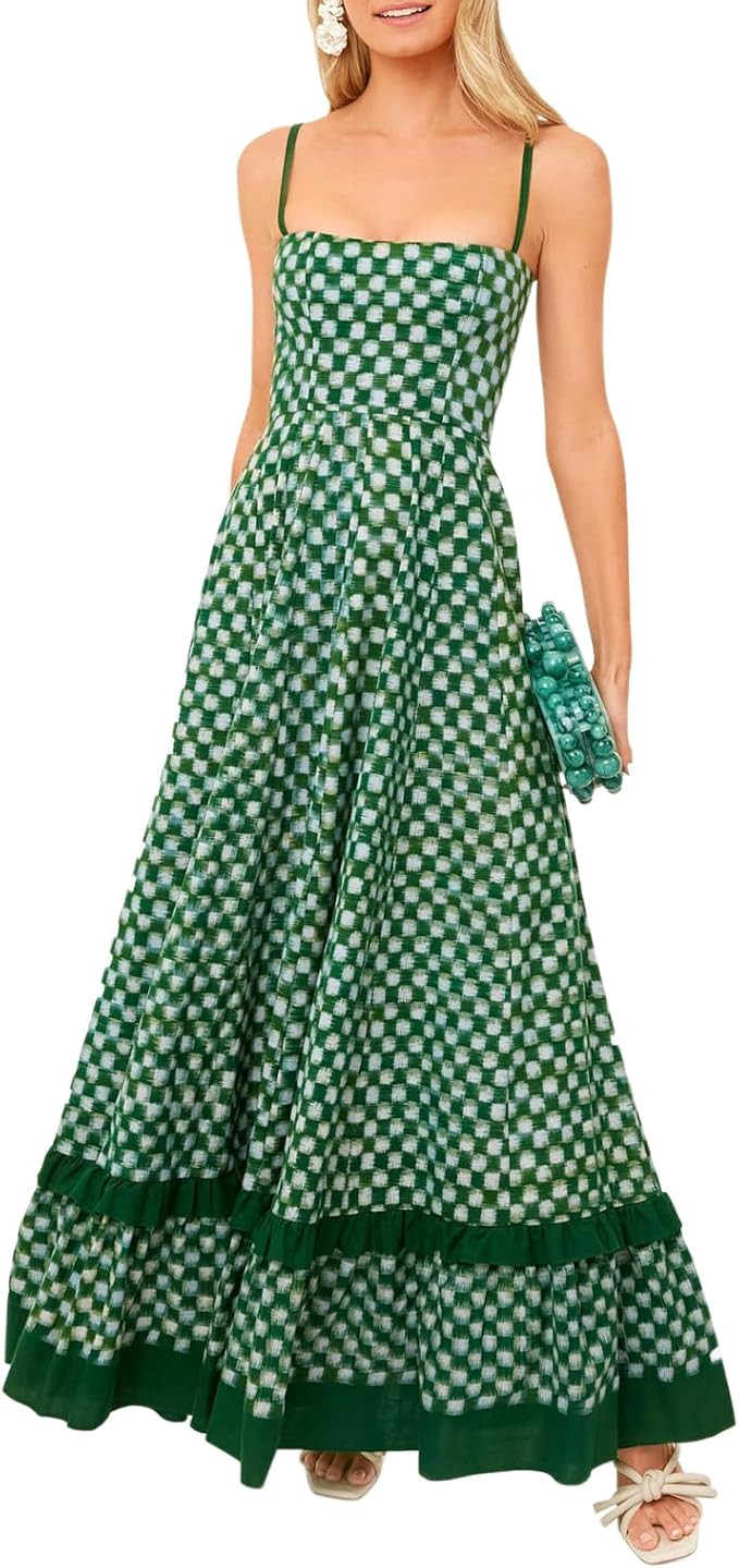 Women's Plaid Long Dress Spaghetti Strap Square Neck Ruffle Hem Swing A Line Summer Party Beach S... | Amazon (US)