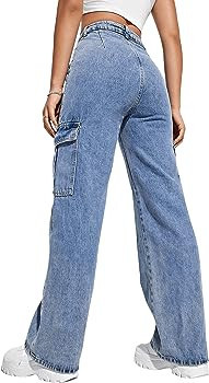 Women's High Waist Cargo Jeans Flap Pocket Wide Leg Denim Pants | Amazon (US)