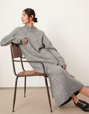 ASOS EDITION boucle chunky knit high neck maxi dress in grey | ASOS (Global)
