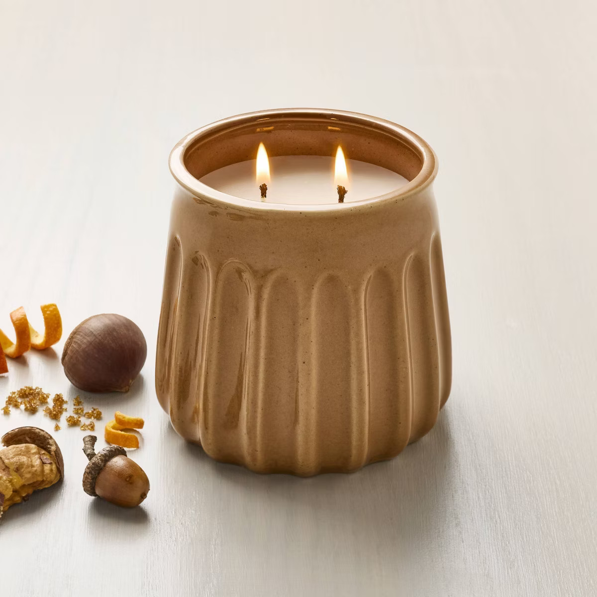 2-Wick Fluted Ceramic Harvest Chestnut Glazed Jar Candle Tan 20oz - Hearth & Hand™ with Magnoli... | Target