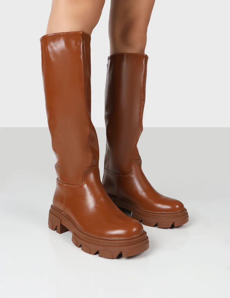 Sabrina Tan Knee High Chunky Sole Boots | Public Desire