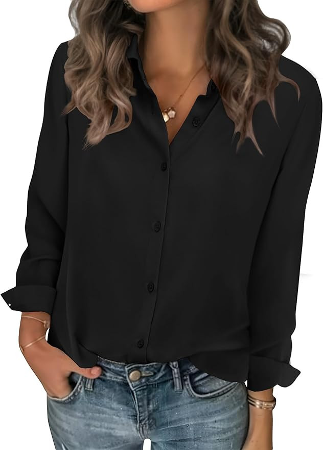 Zeagoo Women Blouses Chiffon Long Sleeve Button Down Shirts Business Causal Dressy Work Top V Nec... | Amazon (US)