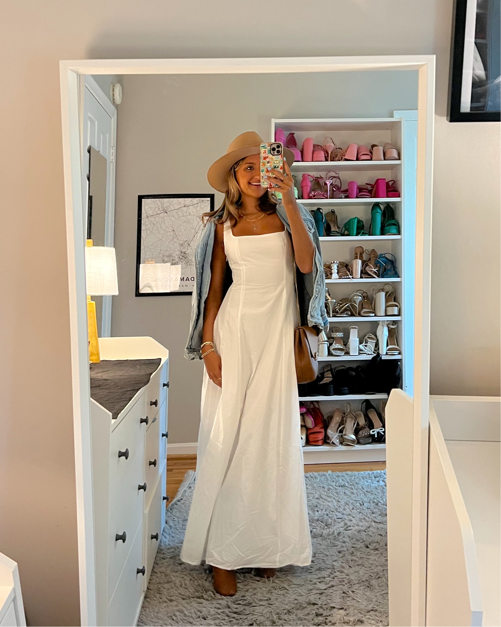 Fall outfit idea from Princess Polly! 💕🍁 use code MCKENZ20 for 20% off your order. 

wearing a 2 in this white linen maxi dress. Size small in Abercrombie denim jacket 