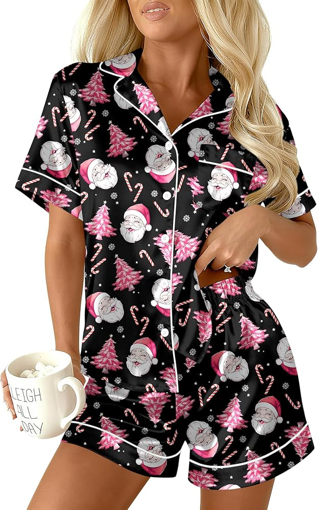 Ekouaer Womens Christmas Pajamas Silk Satin Sleepwear Holiday Matching Pjs Funny Short Sleeve But... | Amazon (US)