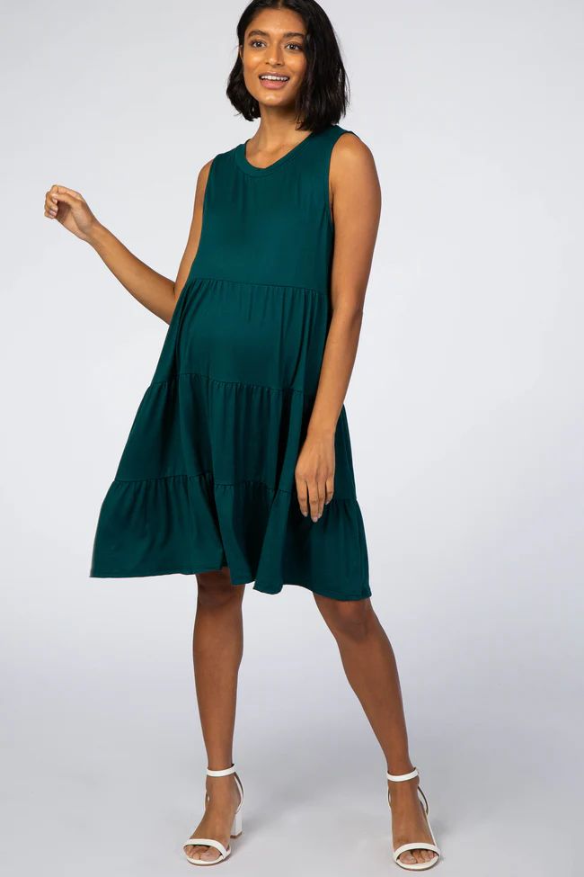 Forest Green Soft Knit Pleated Tiered Sleeveless Maternity Dress | PinkBlush Maternity