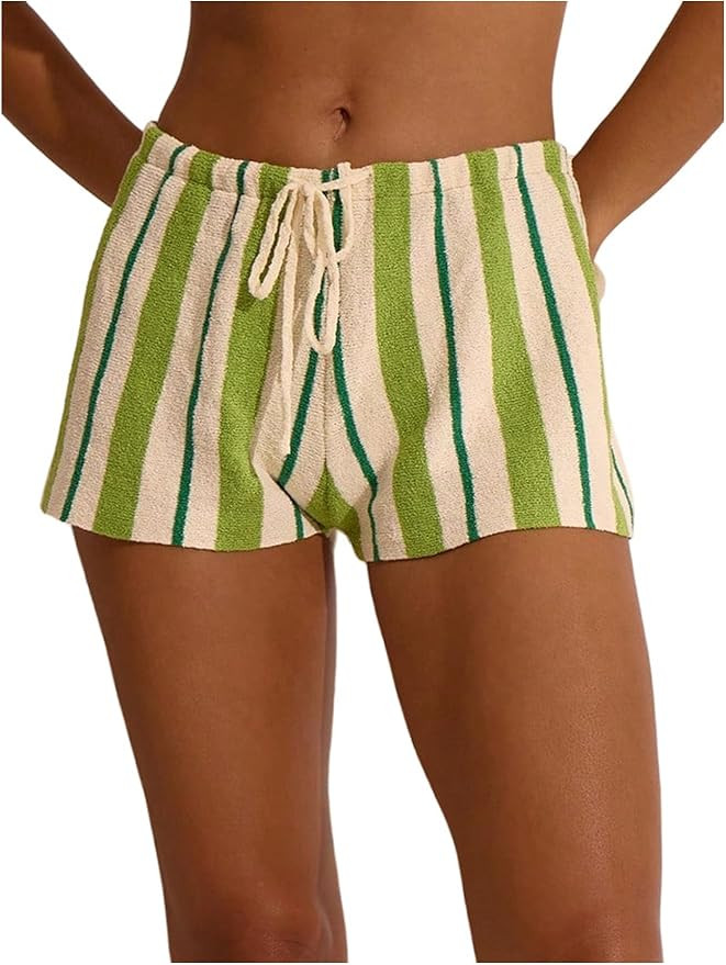 RoseSeek Women's Striped Towelling Mini Shorts Mid Rise Drawstring Waisted Baggy Shorts Summer Be... | Amazon (US)