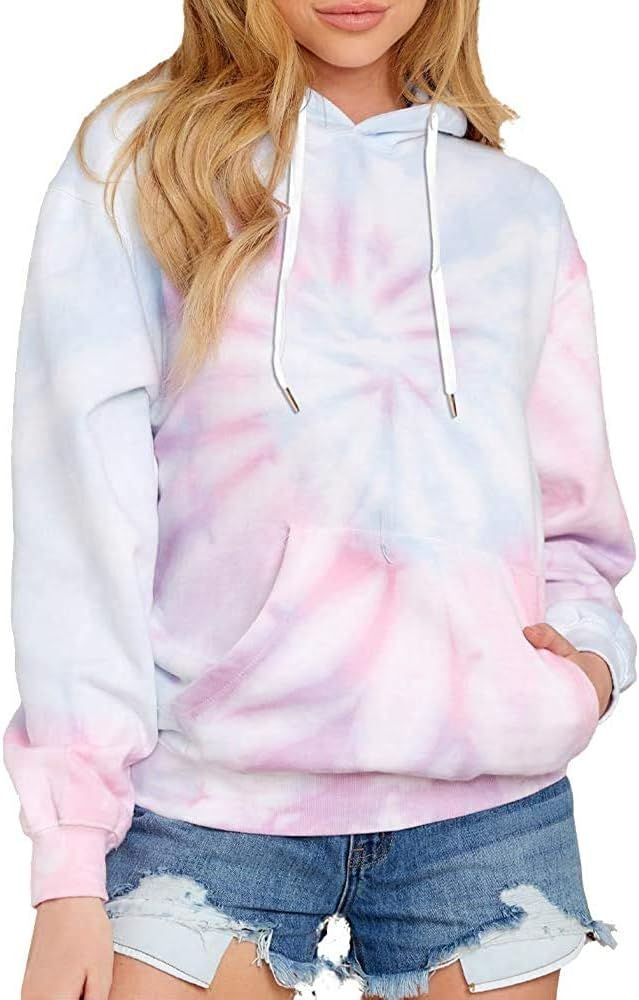 EFAN Women's Hoodies Tops Tie Dye Printed Sweatshirt Long Sleeve Pullover Loose Drawstring Hooded... | Amazon (US)