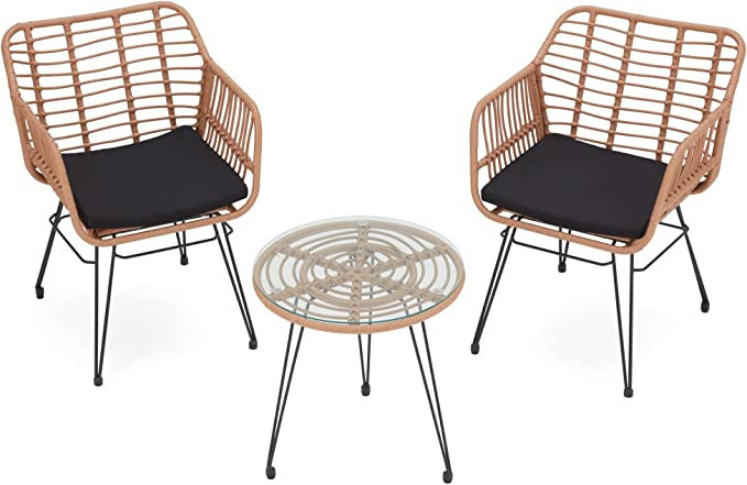 KROFEM 3 Piece Wicker Patio Bistro Furniture Set, Includes 2 Chairs and Glass Top Table, Ideal fo... | Amazon (US)