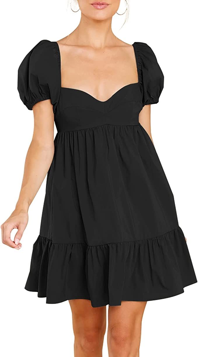 BELONGSCI Women Summer Dresses V-Neck Flutter Sleeve Smocked Pleated Ruffle Casual Flowy Swing Mi... | Amazon (US)