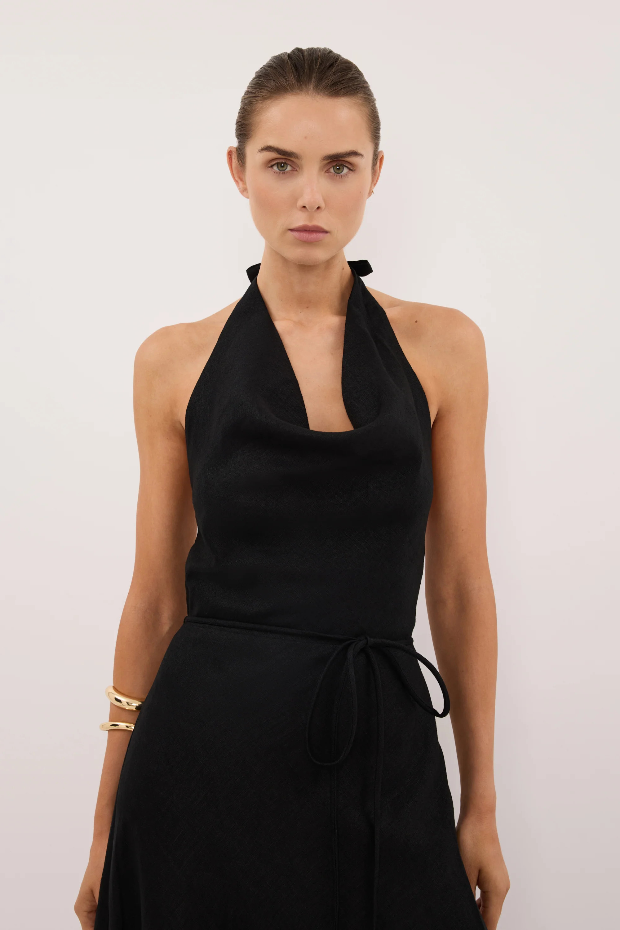 HAYLEE BLACK LINEN COWL MIDI DRESS | DISSH