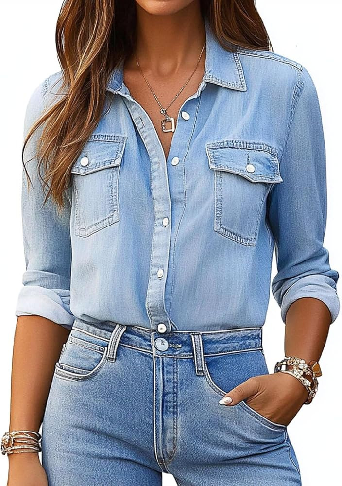 Denim Shirt Women Chambray Jean Western Shirts Long Sleeve Button Down Tops | Amazon (US)
