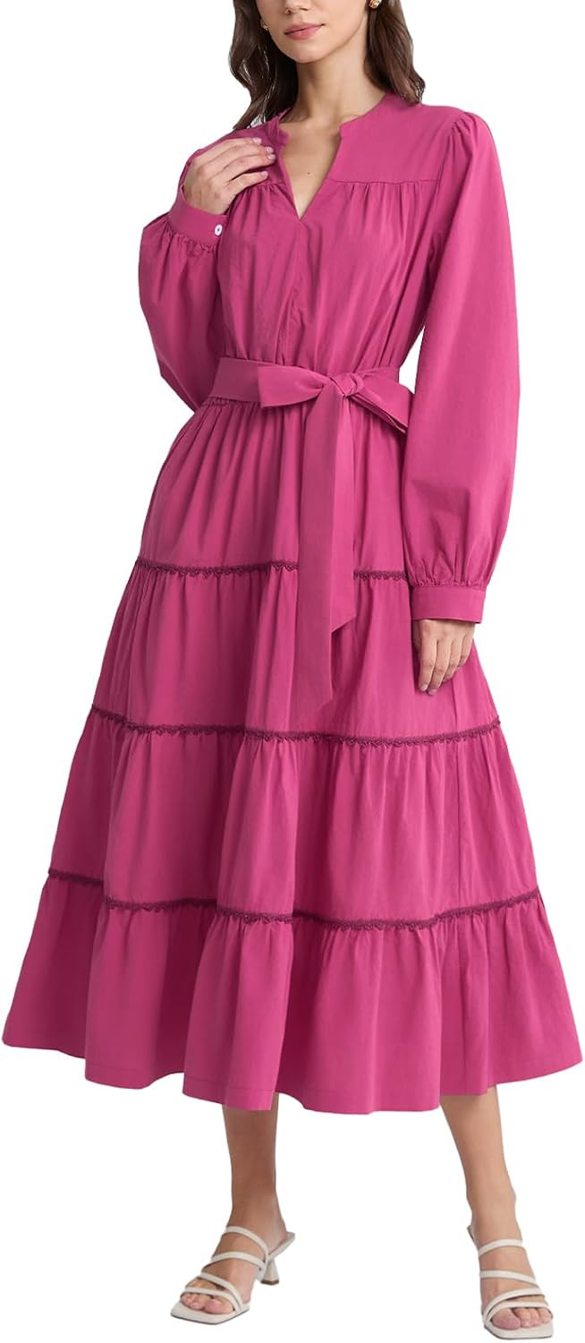 D-Sun Navy Blue Maxi Dress Women Belted Tiered Ruffle Flowy Long Dresses with Pockets for Church/Weeding/Party | Amazon (US)