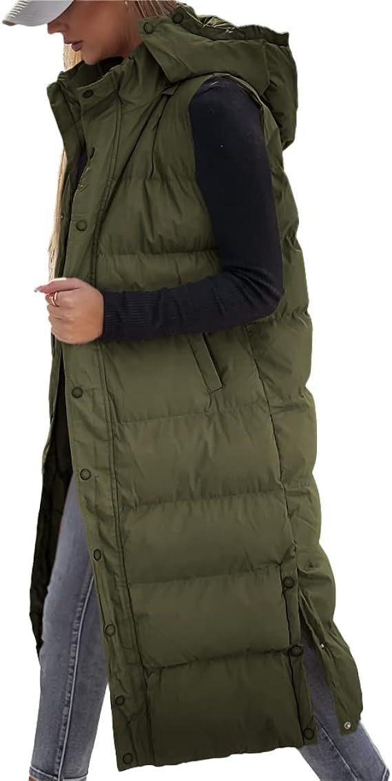 Women's long Quilted Vest hooded Sleeveless Button Down puff vest cotton padded jacket winter coa... | Amazon (CA)